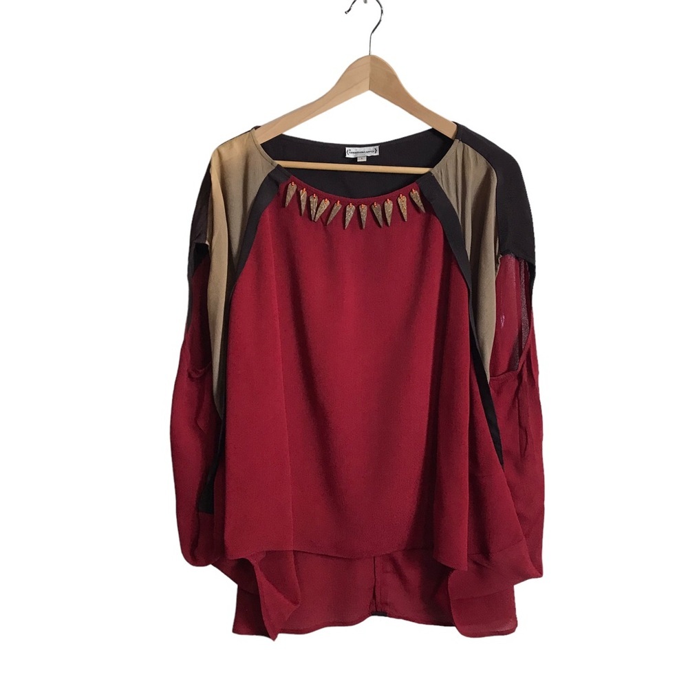 Conditions Apply Large Red‎ Black Tan Crepe Coconut Wood Beads Lagenlook Top